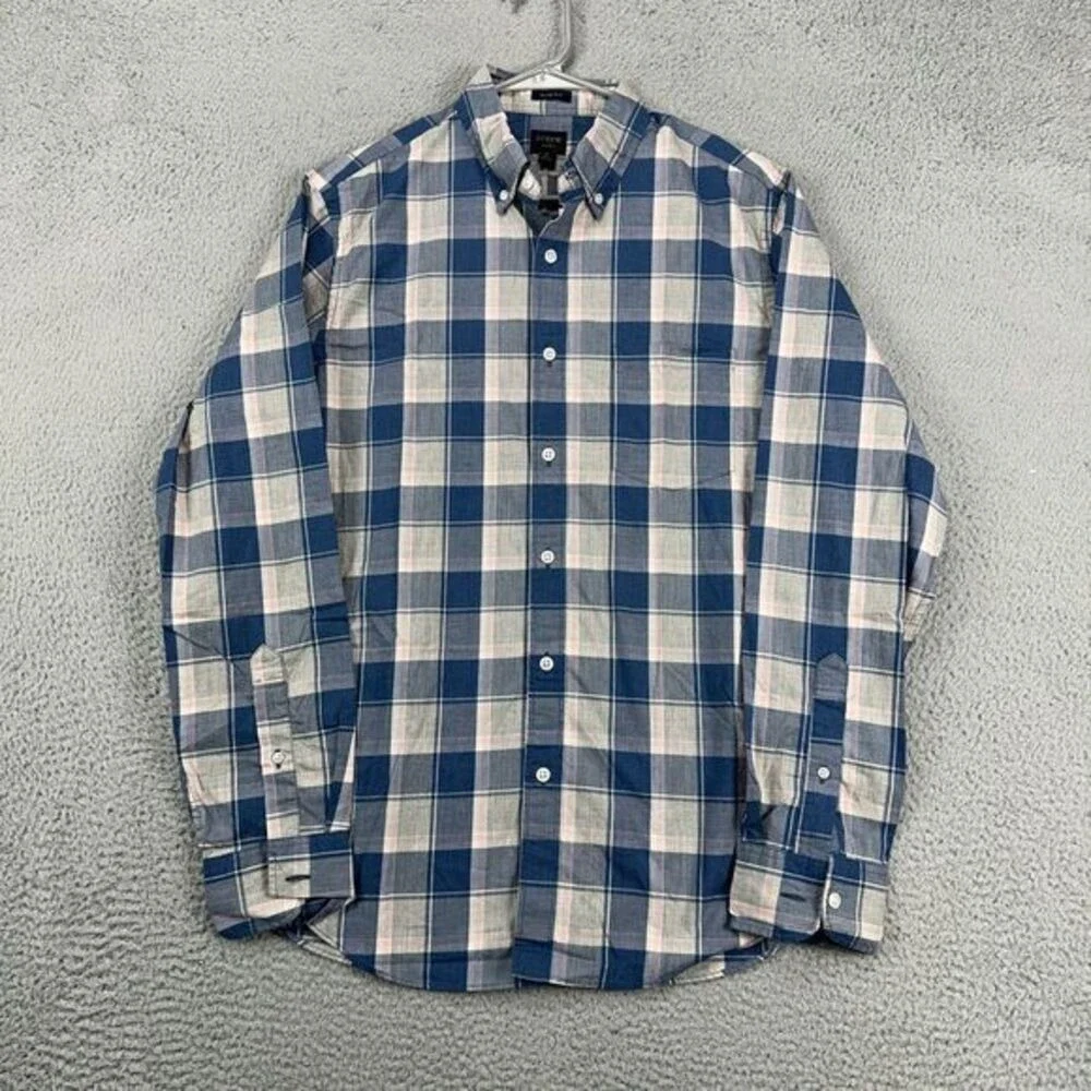J Crew Shirt Adult Medium Flex Blue Grey Plaid Button Down Slim Fit Mens NEW